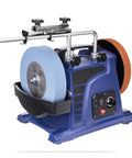 Heavy Duty 8 Inch Bench Grinder Low Speed Knife Sharpener And Polishing Machine Built Like A Tank with blue and brown grinding wheels.