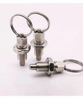 Heavy Duty Stainless Steel Spring Plunger Index Lock Pin Set Two Piece M16 with pull rings for quick positioning.