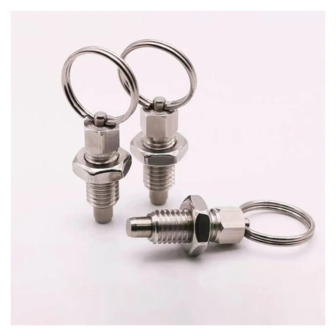 Heavy Duty Stainless Steel Spring Plunger Index Lock Pin Set Two Piece M16 with pull rings for quick positioning.