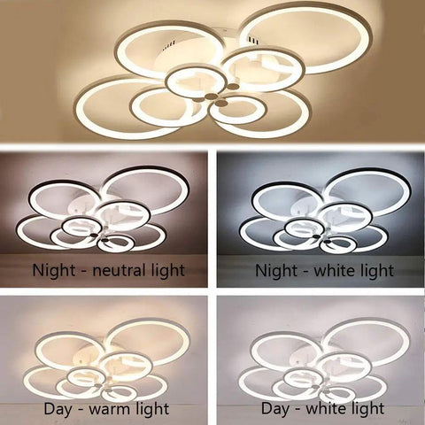 Dimmable LED Ring Ceiling Light With Acrylic Lampshade displaying lighting modes: day and night settings, neutral to warm light.