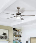 52 Inch Brushed Nickel Ceiling Fan With Light And Remote Quiet Reversible Motor Stainless Steel Blades Dimmable LED Light Kit