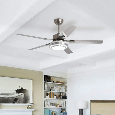 52 Inch Brushed Nickel Ceiling Fan With Light And Remote Quiet Reversible Motor Stainless Steel Blades Dimmable LED Light Kit