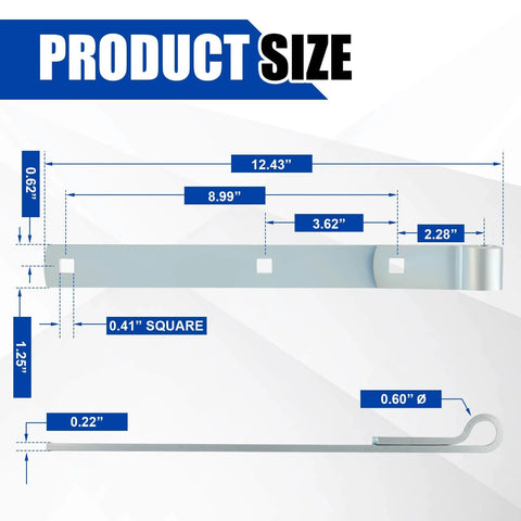 Diagram showing dimensions of 4 Pack 12 Inch Zinc Strap Hinges For Gates, Tool Sheds, Barn Doors And Other Swing Entrances