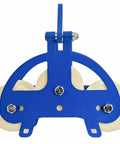 Heavy Duty Nylon Cable Puller Sheave Built Tough For Heavy Haul Smooth Wire Tracking And Fast Direction Shifts On Major Construction Jobsites Pro Grade Industrial Feed Pulley, blue metal frame with white rollers.