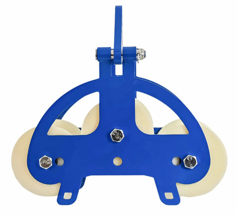 Heavy Duty Nylon Cable Puller Sheave Built Tough For Heavy Haul Smooth Wire Tracking And Fast Direction Shifts On Major Construction Jobsites Pro Grade Industrial Feed Pulley, blue metal frame with white rollers.
