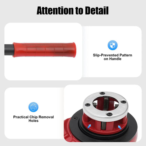 All In One Pipe Threading Kit With Seven Die Heads And Ratchet For PVC Galvanized Iron Plastic And PPR Pipes From Three Eighths Inch To Two Inches In Red Finish handle and detail views