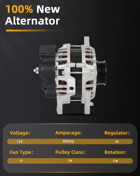Side view of 90 Amp 12 Volt Alternator Replacement for Hyundai Accent 1.6L 2010 2011 Elantra 2.0L 2010 Kia Rio 1.6L