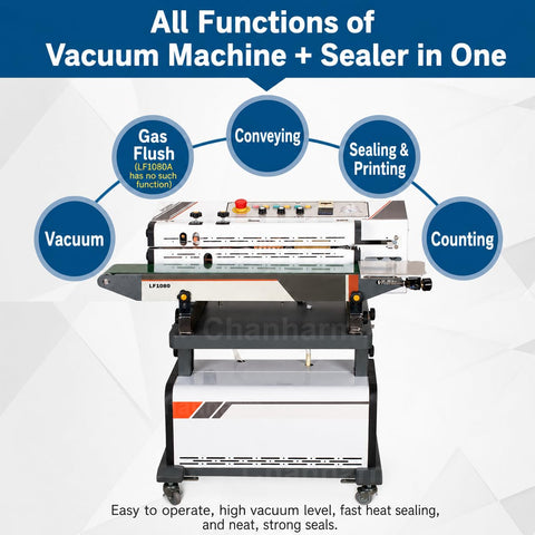 Top Shelf Continuous Vacuum Packaging Machine Featuring Quick Nitrogen Gas Flushing Alongside Solid External Sealer and control panel with functions.