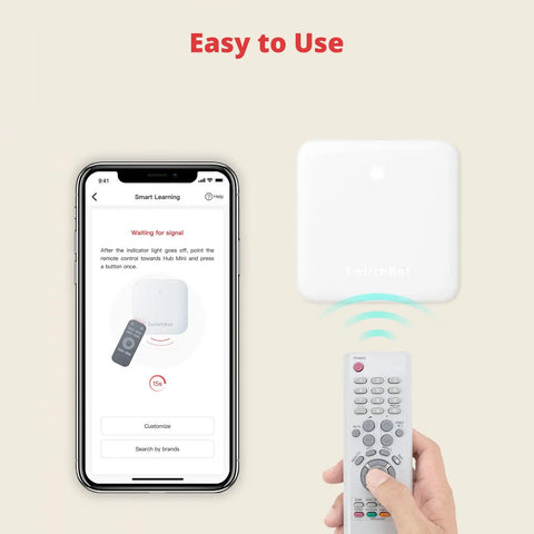Mini Smart Remote Hub With IR Blaster For TV And Air Conditioner 2.4GHz Wi Fi Compatible Seamlessly Connects To Alexa Google Home And IFTTT USB Powered Portable Design And Smart Learning In Just 5 Seconds showing smartphone interface and remote control