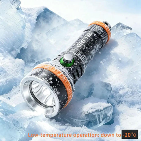 Crazy Bright Underwater Dive Light 1800 Lumens With 6 Degree Narrow Beam For Night Dives, laying on ice, showing rugged design.