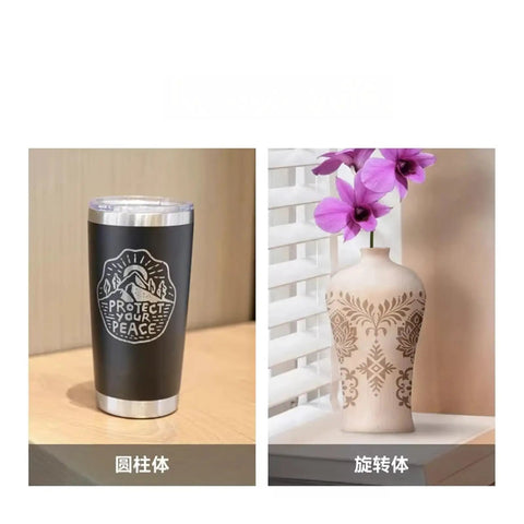 Laser Edition Rotary Shaft Adapter For Bambu Lab H2D H2C H2S 3D Printers Equipped With Lidar Tracking And Camera View Spot On Cylinder Engraving of engraved tumbler and vase.