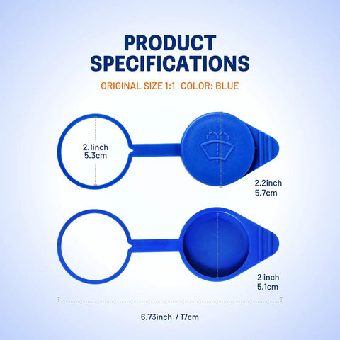 Two Pack Pro Grade Washer Fluid Cap for Ford Focus and Transit Connect, 1:1 Fit, Blue Waterproof Dustproof Cap, shown open and closed