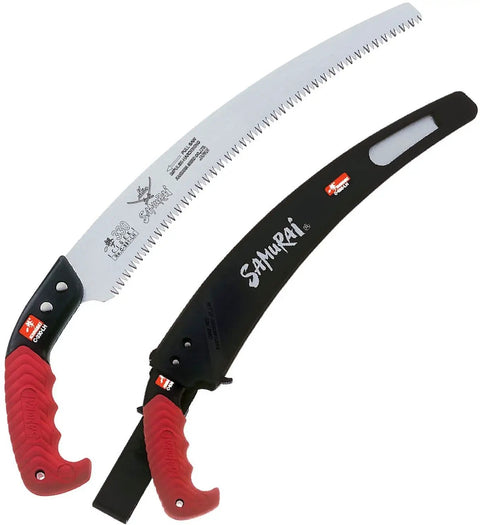 Samurai Ichigeki 13 Inch Pruning Saw With Ergo Grip Handle And Orange Sheath 330mm C 330 LH Japanese Blade Hand Powered Arborist Tool For Pros And DIYers Made In Japan showing red handle and curved saw blade with sheath