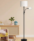 Gold Tone Floor Lamp With Dimmable 9W LED Main Light And 4W Reading Lamp in living room with beige linen lampshade