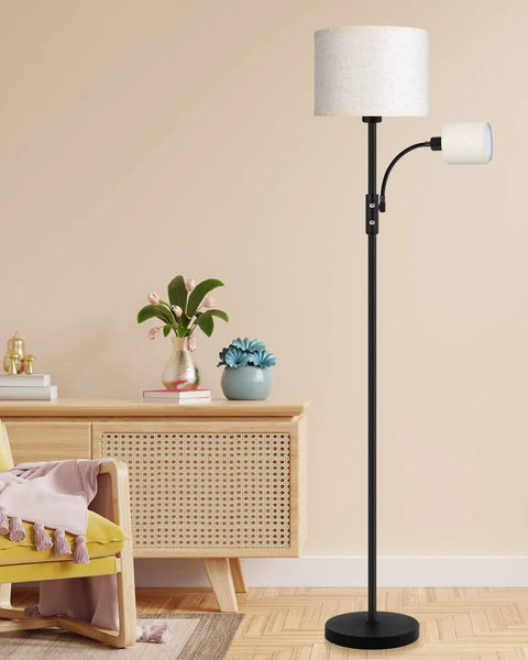 Gold Tone Floor Lamp With Dimmable 9W LED Main Light And 4W Reading Lamp in living room with beige linen lampshade