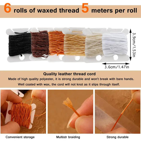 6 rolls of waxed thread for Leather Sewing Kit For Upholstery And Home Projects Heavy Duty Needle And Thread Set Includes Threaders.