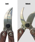 Close-up view of 7 In 1 Garden Pruning Shears Folding Multitool, showing the locked and unlocked position of the 8-inch blades.