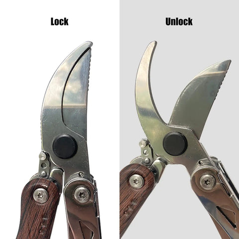Close-up view of 7 In 1 Garden Pruning Shears Folding Multitool, showing the locked and unlocked position of the 8-inch blades.
