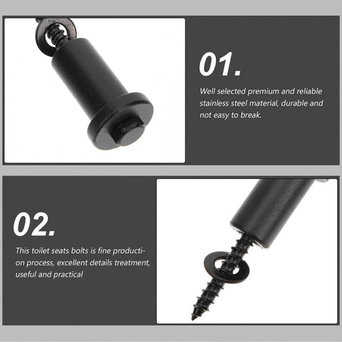 Close-up of black stainless steel bolts for toilet seats, featuring durable and reliable construction with installation details.