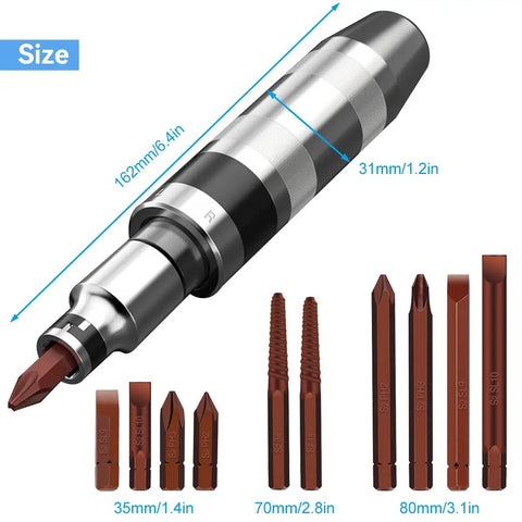 Heavy Duty Impact Driver Bit Set With S2 Alloy Steel Bits And Broken Bolt Extractor, 12 pieces, showing sizes and measurements.