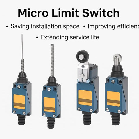Compact Micro Limit Switch With Coil Spring Wire 1NO 1NC 5A 250VAC IP65 showing various actuator types.