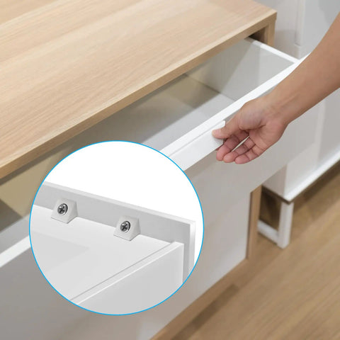 Fifty Pcs Drawer Angle Brackets With Screws Repair Kit For Sagging Furniture Bottom Support in use on white drawer corner
