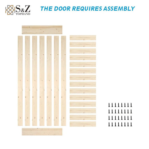 Heavy Duty 20x84 Inch Unfinished Solid Wood Barn Door With 5 Foot Sliding Hardware Kit Plus Pre Cut Pre Drilled Spruce Panels for assembly.