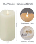 Flickering Flameless Candles With 3D Moving Flame 1000 Plus Hours Battery Operated Pillar Candles With Timer Ivory Real Wax LED Candles For Weddings And Holiday Parties 3x5 Decor showing dimensions and features.