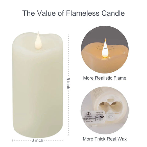 Flickering Flameless Candles With 3D Moving Flame 1000 Plus Hours Battery Operated Pillar Candles With Timer Ivory Real Wax LED Candles For Weddings And Holiday Parties 3x5 Decor showing dimensions and features.