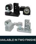 Heavy Duty Pivot Door Hinge Set For Storefront Doors Top And Bottom Die Cast Aluminum With Full Race Ball Bearings Duronotic Finish Right Or Left Hand Options Tamper Proof Commercial Door Hardware Tough As Nails, black and silver