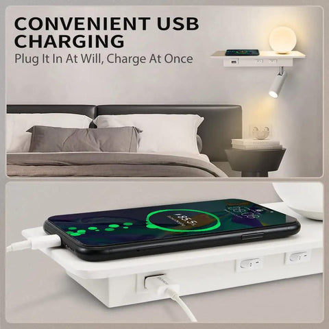 M02 Wall Mounted Reading Light With Romantic Ball Light And USB Port Multifunctional Bedside Wall Sconce showing phone charging
