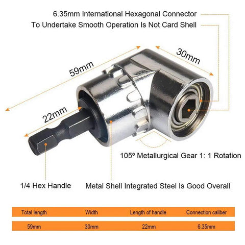 Diagram of 105-degree right angle extension adapter with measurements for All In One 7mm To 19mm Ratchet Universal Socket Set For Drill And Power Driver.