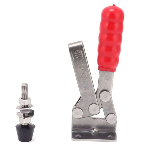 Stainless Steel Toggle Clamp With 100Kg Holding Capacity For DIY Projects, Woodworking, Metalworking, Electronics Assembly, Home Decor Installation And Equipment Setup, Non Slip Ergonomic Quick Clamp with red handle and attached bolt.