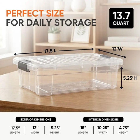 Clear Plastic Storage Bins With Snap On Lids For Home Office Organization Stackable Crates BPA Free Non Toxic Craft And Tool Organizer 13.7 Quart with dimensions