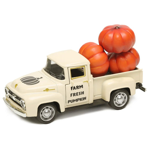 Fall Harvest Mini Metal Truck Decor With Three Pumpkins, Vintage Diecast Farm Truck for Tiered Tray, 4.8 Inch Long