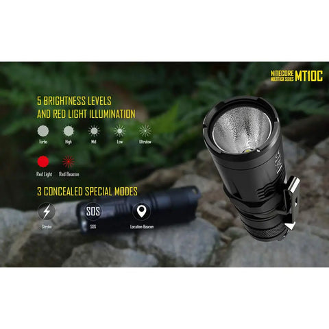 MT10C 920 Lumen Multitask Tactical Flashlight with Red Light and Beacon Mode shown on outdoor rock surface.