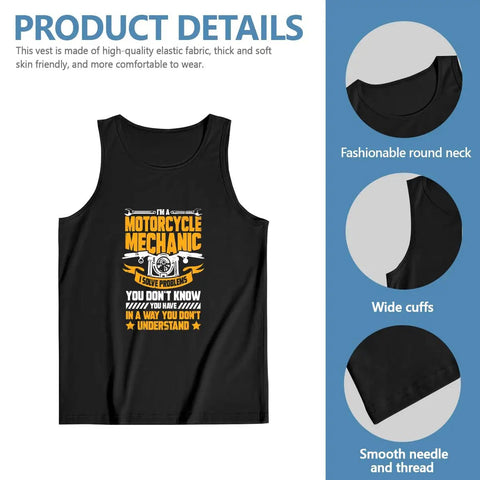 Top Tier Motorcycle Mechanic Tank Top For Men, black sleeveless shirt with graphic print and stylish neck design.