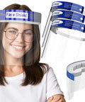 Woman wearing Clear Face Shield Pack Of 10 For All Ages Anti Fog Lightweight Reusable Safety Visor with sponge and elastic band.