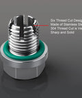 Close-up of oversize piggyback oil drain plug, stainless steel with green gasket and six-thread design