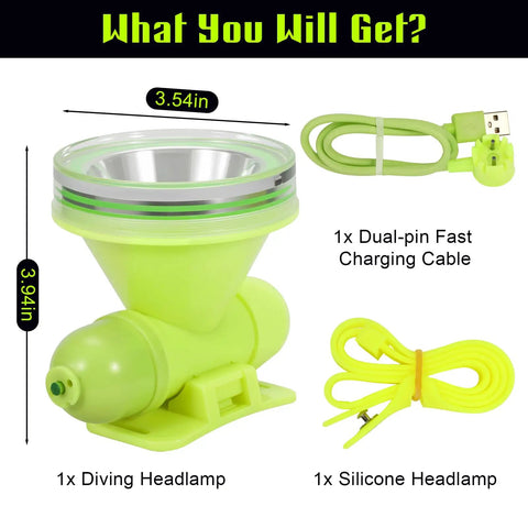 Underwater Dive Headlamp With IPX8 Waterproof, Rechargeable Scuba Light, green diving headlamp, USB cable, silicone headband