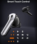 True Wireless Bluetooth Earbuds With 60 Hours Of All Day Juice And Dual Led Power Display Featuring IPX5 Waterproof Rating showing smart touch controls.