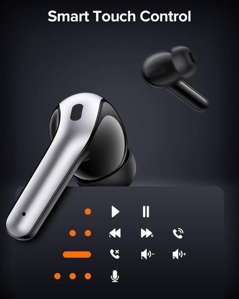 True Wireless Bluetooth Earbuds With 60 Hours Of All Day Juice And Dual Led Power Display Featuring IPX5 Waterproof Rating showing smart touch controls.
