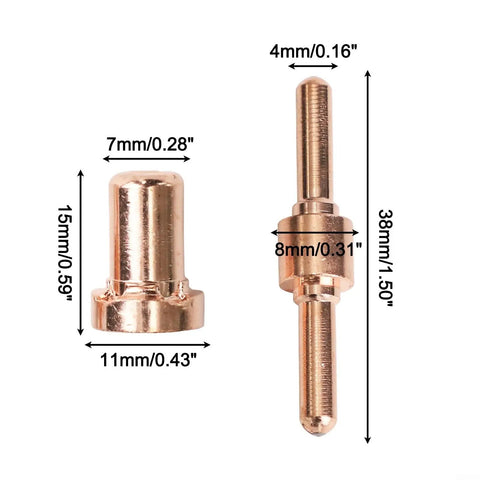 Check out this 60 Piece Plasma Cutter Consumables Kit Perfect for PT-31 And LG-40 Torches Featuring Red Copper showing two copper parts with dimensions.