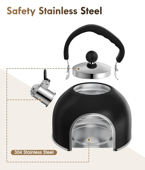 Stovetop Stainless Steel Tea Kettle With Loud Whistle 2 Quart Teapot Ergonomic Handle The Go-To Kitchen Accessory For Hot Water Tea Or Coffee Classic Black Finish, shown disassembled for detailed view.