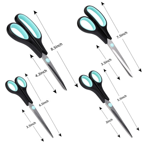 Assorted Size Scissors 4 Pieces Set With Heavy Duty Stainless Steel Blades Ambidextrous Comfort Ergonomic Rubber Grip 8.5 Inch 7.5 Inch 6.5 Inch And 5.5 Inch For Home Office School Crafts And Multi Use Cutting. Set of 4 scissors sizes