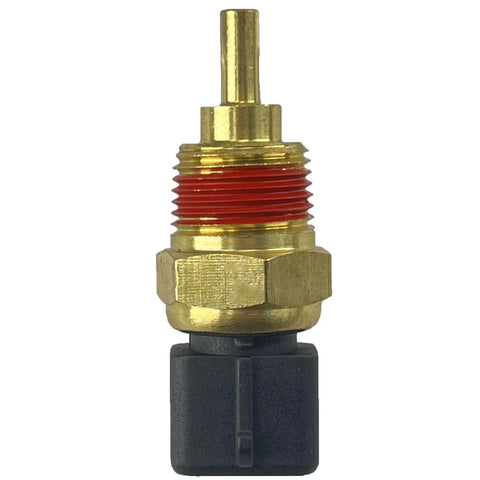 DEVMO coolant temperature sensor with brass body, red threaded seal, and black plastic connector, front view.