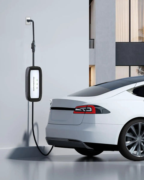 No Sweat NEMA 5 15P To 6 20R EV Charging Adapter 12 Inch UL Listed Cord connected to a white electric vehicle.