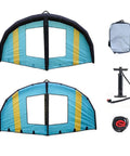 Inflatable Surfing Wing And Wind Kite For Windsurfing And Foil Boarding, Handheld Surfboard Style Wing With 54 Sq Ft Sail, shown in blue with accessories.