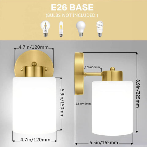 Frosted Wall Sconce Set Of Two In Brushed Gold Modern Sleek Brass Vanity Lights dimensions and E26 base diagram