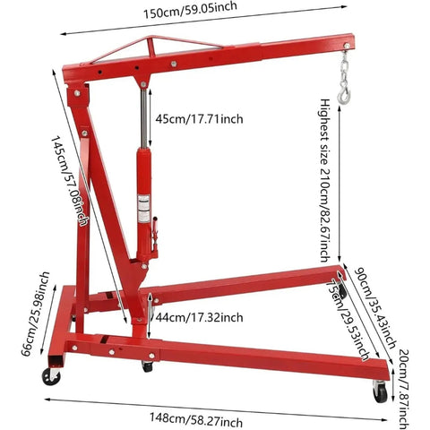 Heavy Duty Garage Workhorse: 2 Ton Hydraulic Engine Hoist With Adjustable 0.5 To 2T Range dimensions and measurements.